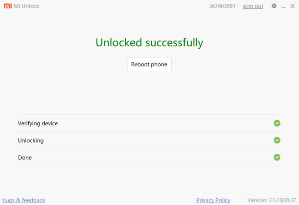 Xiaomi Unlock Bootloader erfolgreich