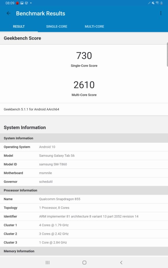 Samsung Galaxy Tab S6 Geekbench