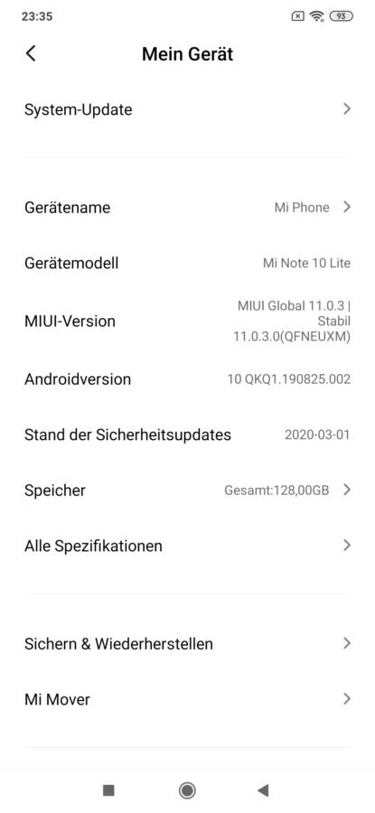 Xiaomi Mi Note 10 Lite 6 23 35 45 380 com.android.settings