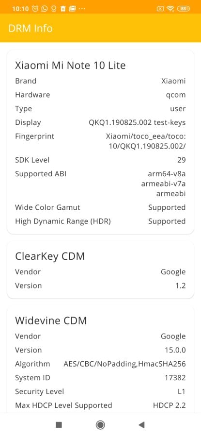 Xiaomi Mi Note 10 Lite drminfo