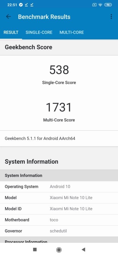 Xiaomi Mi Note 10 Lite geekbench5