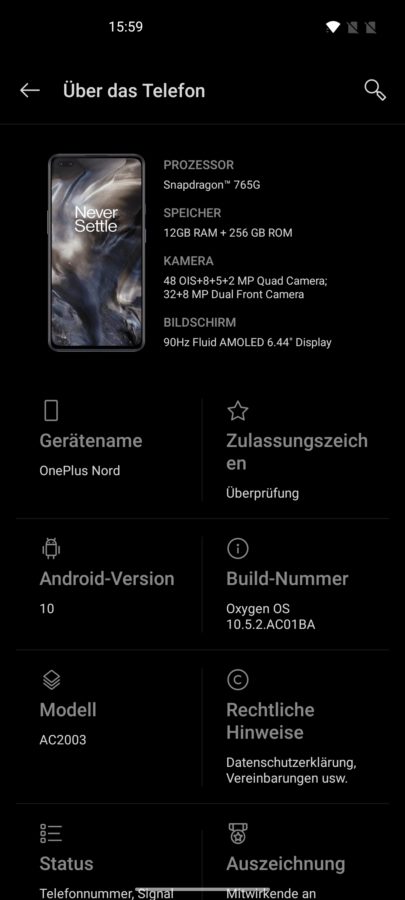 OnePlus Nord Testbericht Screenshot Systeminfo