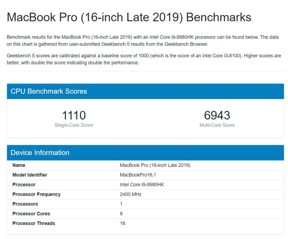 MacBook Pro 2019 Geekbench