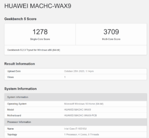 Huawei MateBook X Pro 2020 Test Geekbench