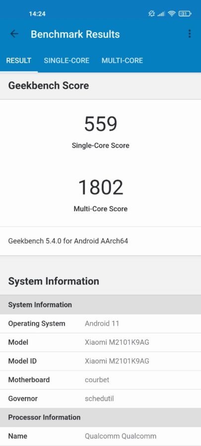 Xiaomi Mi 11 Lite 4G Geekbench