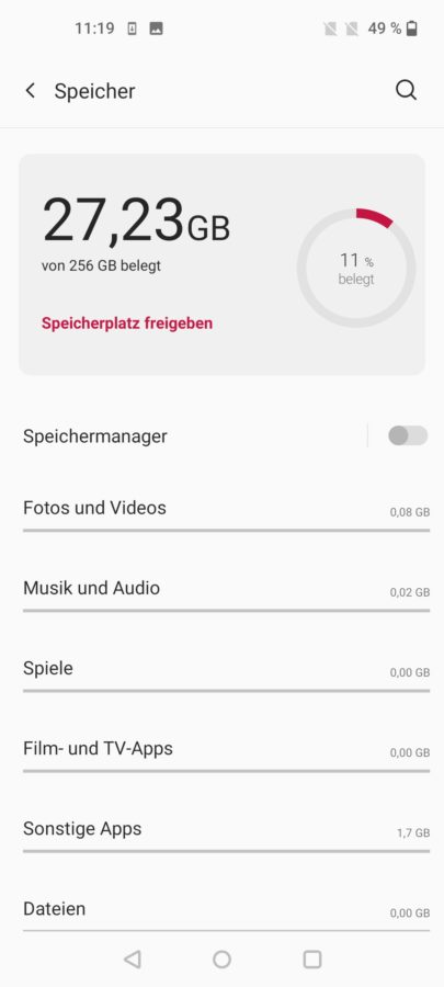 OnePlus 9 Testbericht Screenshot Speicher System 2