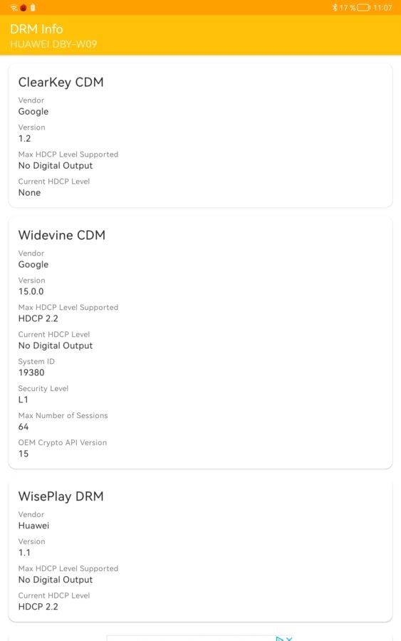 Huawei MAtepad 11 DRM Info Widevine L1 1