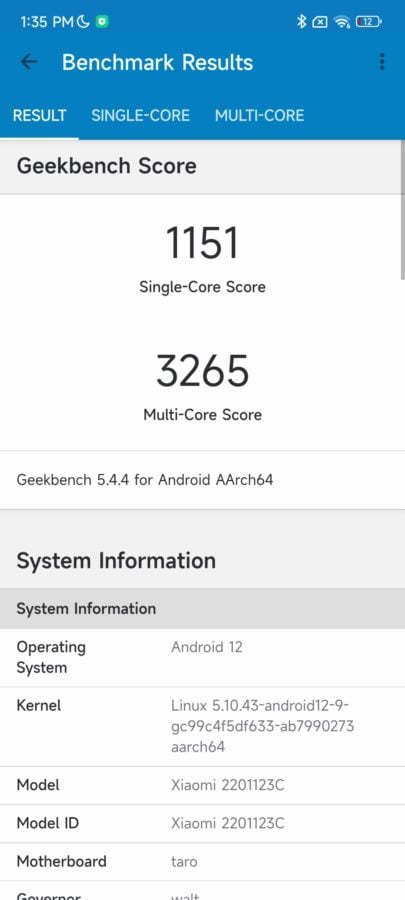 Xiaomi 12 Geekbench
