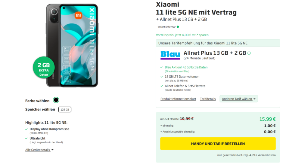 Xiaomi 11 Lite 5G NE mit 15GB Allnet Flat  1599e  Monat April22 1