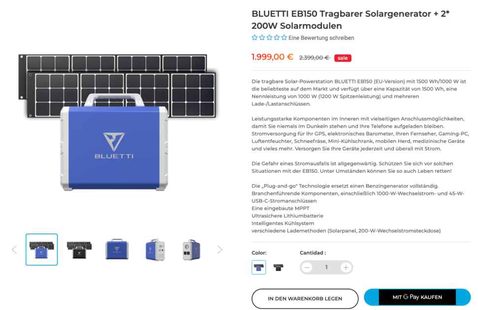 BLUETTI EB150 Tragbarer Solargenerator 2 200W Solarmodule