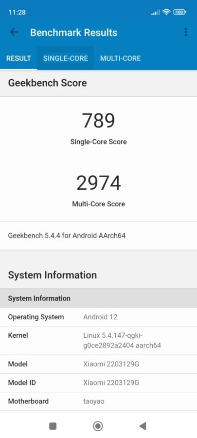 Xiaomi 12 Lite 5G Smartphone Test Screenshot Geekbench