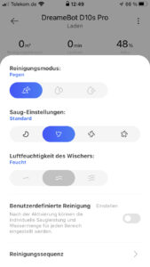 DreameBot D10s Pro Reinigungsoptionen App