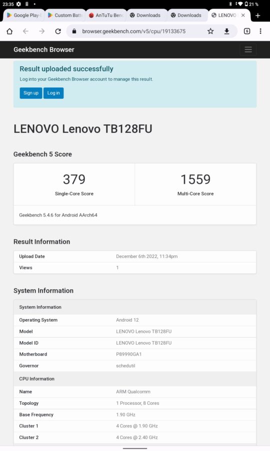 Lenovo Xiaoxin Pad 2022 Benchmarks geekbench