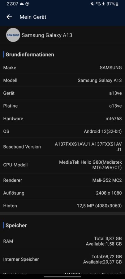 Samsung Galaxy A13 Test System Info 1