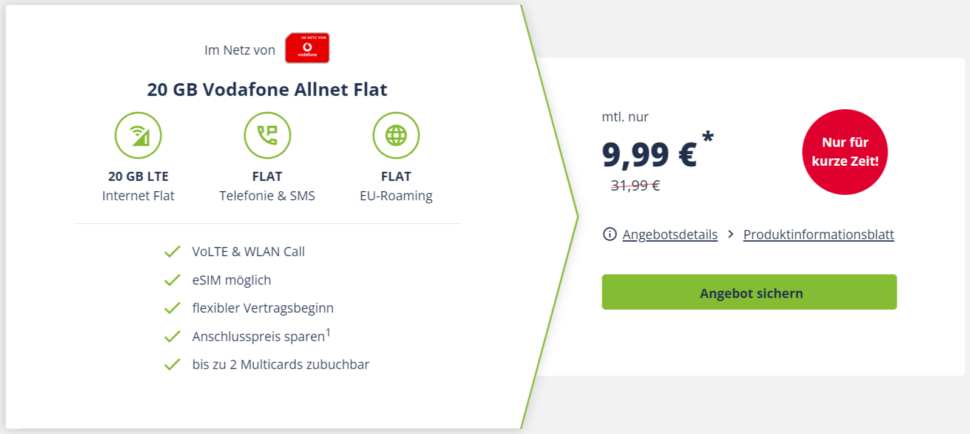 20GB Vodafone Allnet Flat fuer 10E monatlich