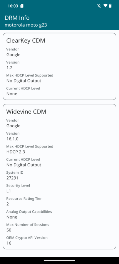 Screenshots Moto G23 drm info
