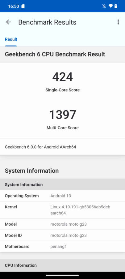 Screenshots Moto G23 geekbench