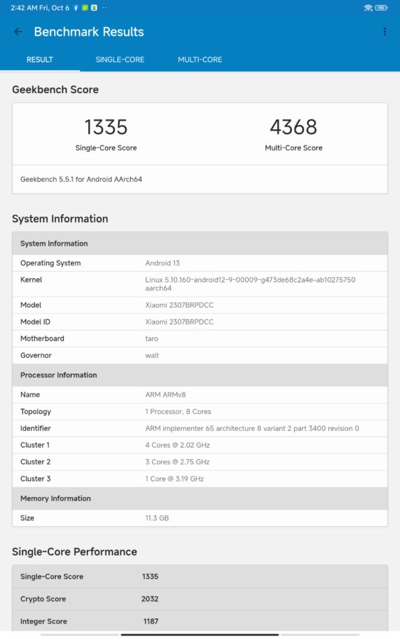 Xiaomi Pad 6 Max geekbench 5