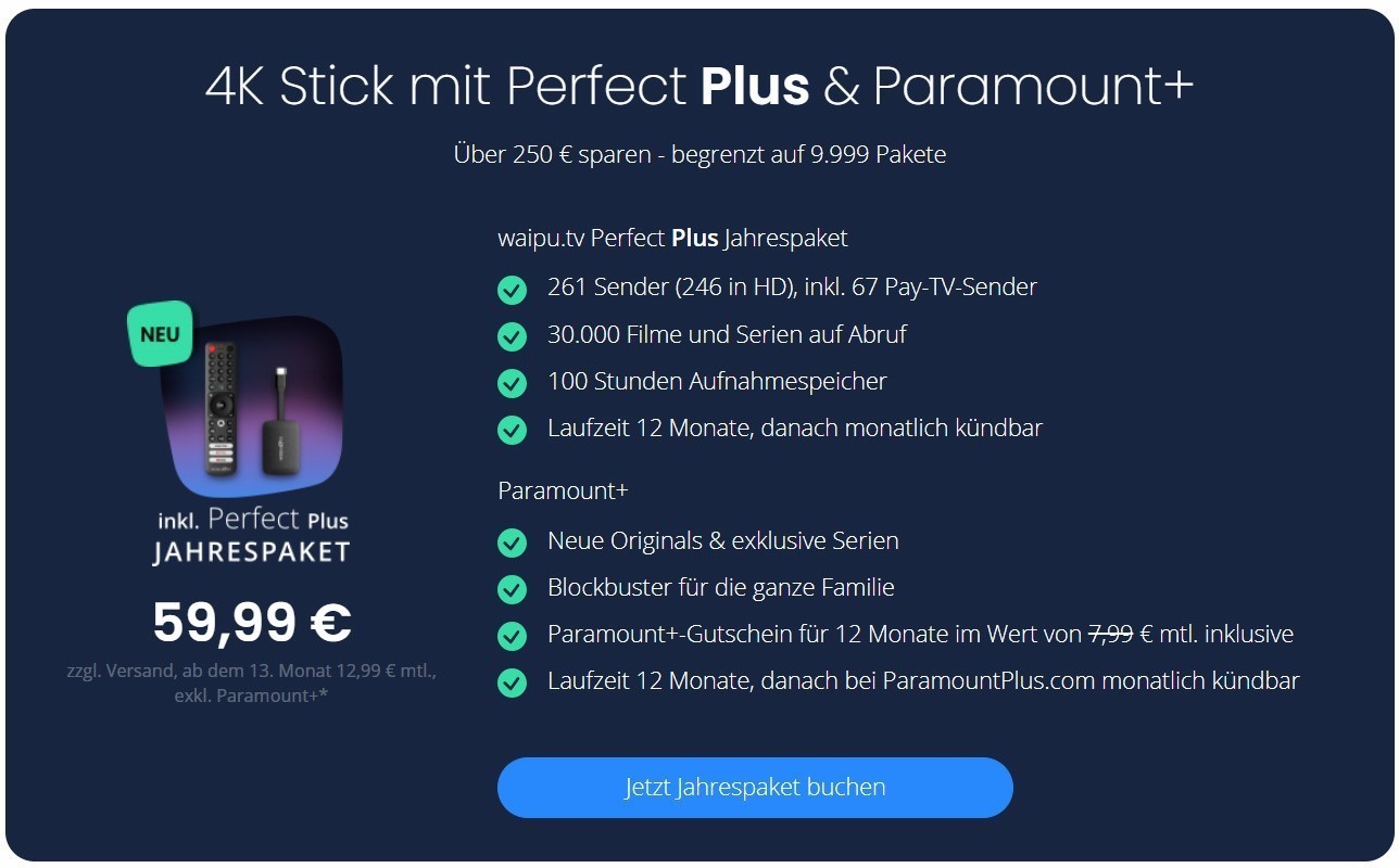 waipu.tv Perfect Plus Streaming mit 4K Stick ab 5,42€ pro Monat