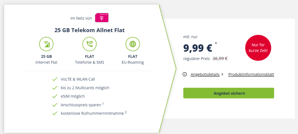 Freenet 25GB Telekom Netz Angebot 10E
