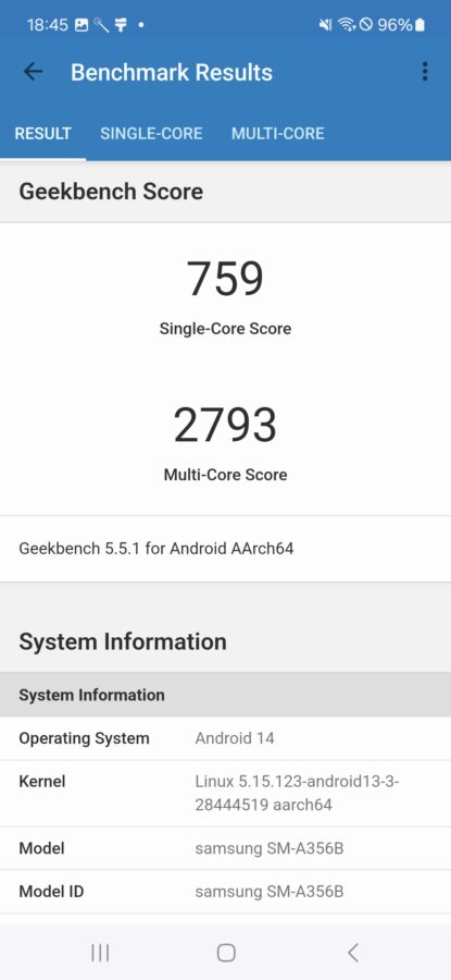 Screenshot Samsung Galaxy A35 geekbench5