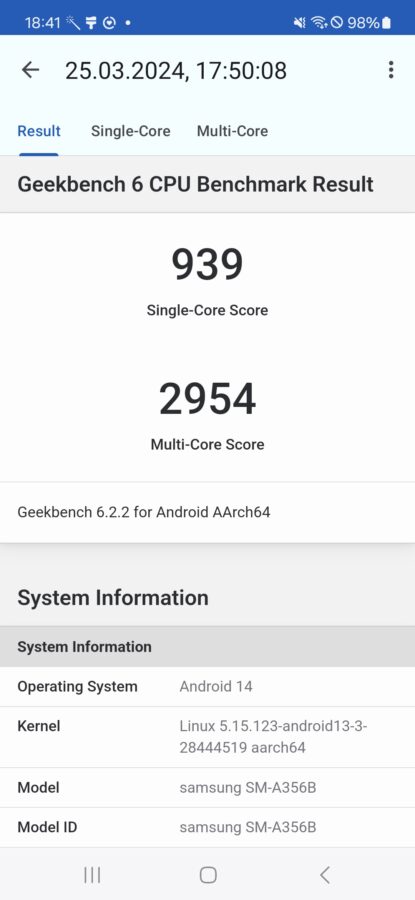 Screenshot Samsung Galaxy A35 geekbench6