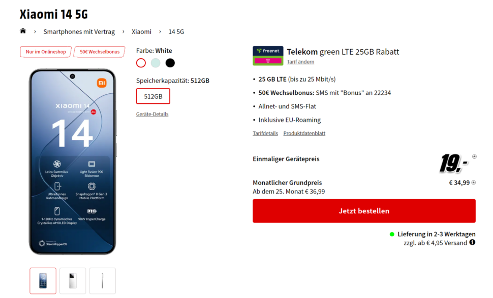 Vertragsdeal Xiaomi 14 MediaMarkt Telekom Mai 24 1